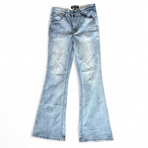 Mac and Me You Are Loved Blue Light Wash Distressed Boot cut flare stretch jeans